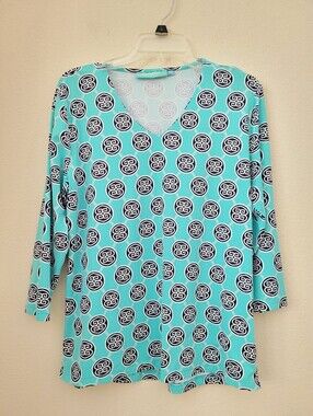 Anthony's Resort Wear Aqua/Navy geometric medallion UPF50+ V-Neck Top, L, EUC